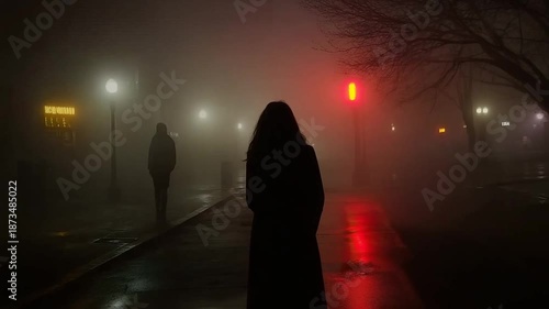 Foggy Night City Walk Silhouette.