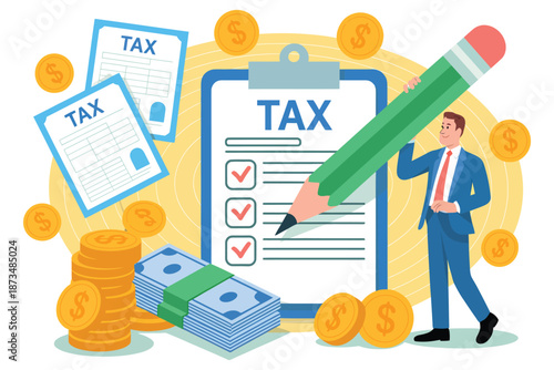 A cartoon businessman prepares to fill out a tax form with a large pencil surrounded by money and coins.