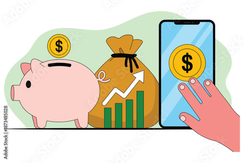 A cartoon illustration of a hand holding a smartphone with a dollar coin, a piggy bank, and a money bag with a graph in the background, representing saving and investing money.