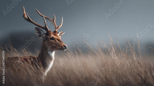 Elegant deer portrait amidst golden grasses against a muted sky backdrop