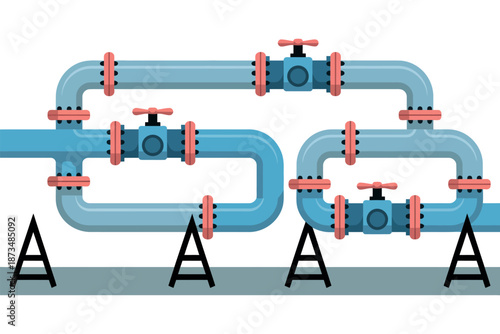 An illustration of industrial blue pipes with red valves and black stands on a white background