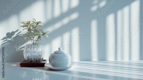 Minimalist scene with sunlight casting shadows, featuring plant and porcelain
