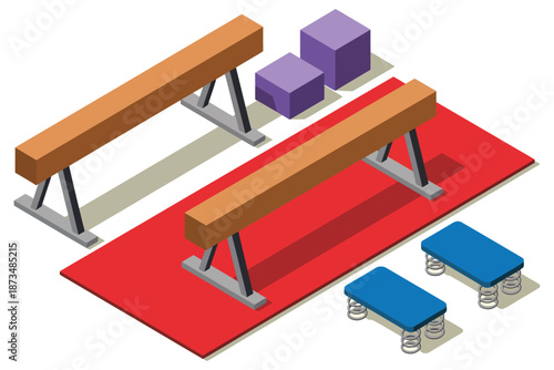 A colorful isometric illustration of benches and blocks on a red mat