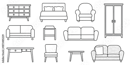 A collection of various furniture pieces in a simple line drawing style