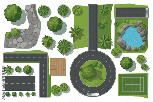 An aerial view of a road system with various green spaces and landscaping elements.
