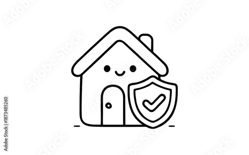 Cute linear home security icon with checkmark shield for safety concepts