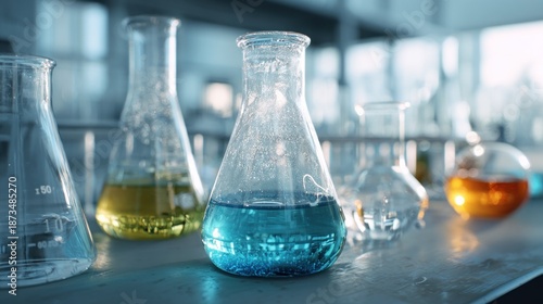 Chemical laboratory glassware filled with colorful liquids, science exploration