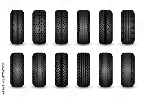Rubber tires silhouettes. Car, truck, and motorcycle wheels, tread pattern designs. Perfect for automotive, racing, and motorsport themes, repair service and transport industry. Vector illustration