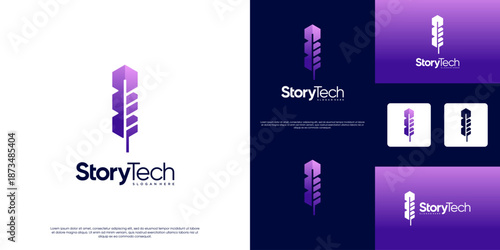 Feather pen logo with a modern technology concept, digital notes, stories, publishers, graphic vector illustrations.