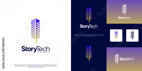 Classic quill pen logo with a modern geometric concept, story writer, minimalist style, digital services, vector graphic template.