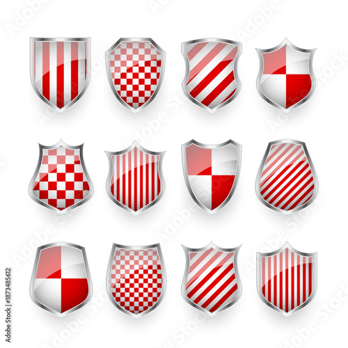 Glossy shields with red and black white. Security and protection concept. Cyber safety icons, internet privacy, web defense, digital data protection and antivirus themes. Vector illustration