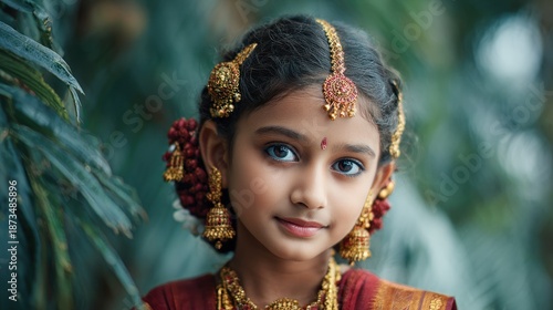 Portrait of a young Indian girl adorned with traditional jewelry and flowers