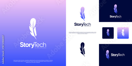 Legal logo with a pen feather symbol in a modern abstract style, digital technology, vector design template.