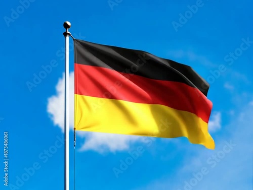 German flag waving with blue sky.