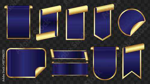 Collection of elegant blue banners and labels with golden borders and curled edges in various shapes.