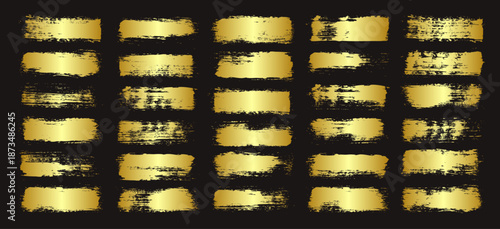 Golden brush strokes, lines, ink smudges, hand-drawn scribble shapes. Handmade sketchy marks, acrylic stains, charcoal streaks. Paint textures, dry brush effect. Marker underline. Vector illustration