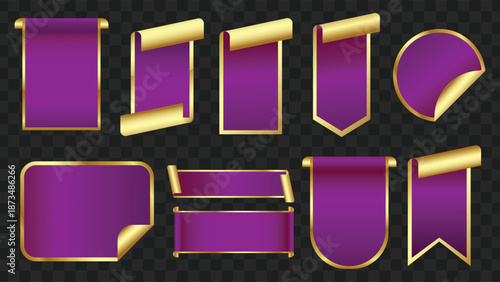 Collection of purple banners, labels, and stickers with golden edges and curled corners on a transparent background, featuring various shapes for graphic design.