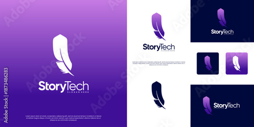 Digital feather pen logo with a futuristic technology concept, consulting services, minimalist style, vector design illustration.