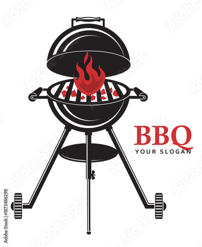 kettle barbecue grill with flame isolated on white background