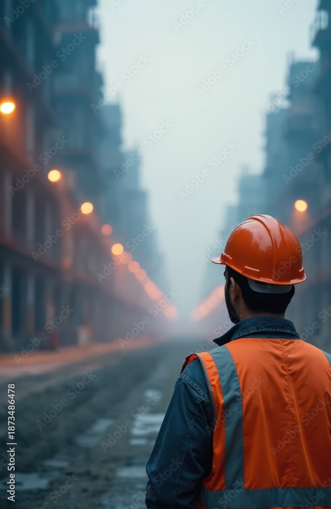 Fototapeta premium Construction worker stands alone in vast industrial area. Man in safety vest and helmet faces an empty street. Solitary figure against a foggy backdrop. Work safety concept.