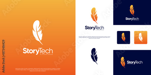 Education logo with a classic quill pen concept, digital tech services, vector graphic illustration.