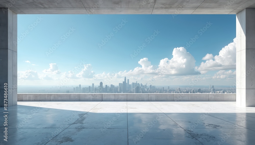 Naklejka premium Empty concrete terrace with cityscape view. Clear blue sky above modern buildings. Open space for product display or car showroom. Future urban concept.