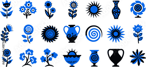 Collection of blue Mediterranean and Greek style ornaments featuring floral motifs, sun symbols, and antique vases. Transparent background EPS version.