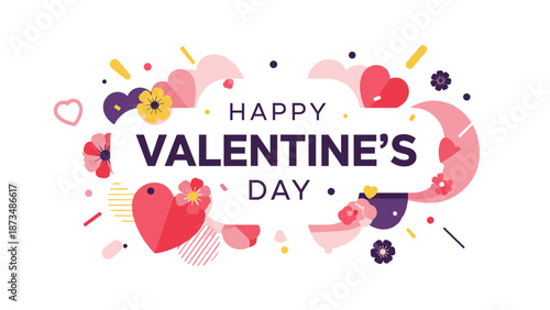 A colorful Valentine's Day graphic with hearts and flowers on a white background