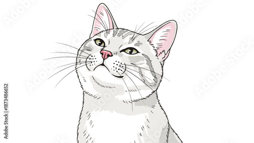 A cute illustrated cat with gray and white fur and pink ears and nose