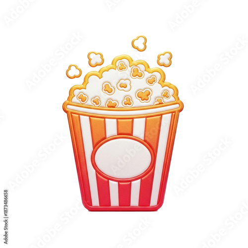 Stylized popcorn bucket: glossy red and orange striped cardboard container overflowing with fluffy, golden-rimmed popcorn, featuring a blank white oval label