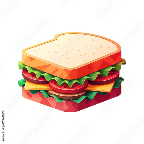 Stylized sandwich illustration with fresh ingredients: tasty layers of bread, lettuce, tomato, cheese, and meat for a delightful meal