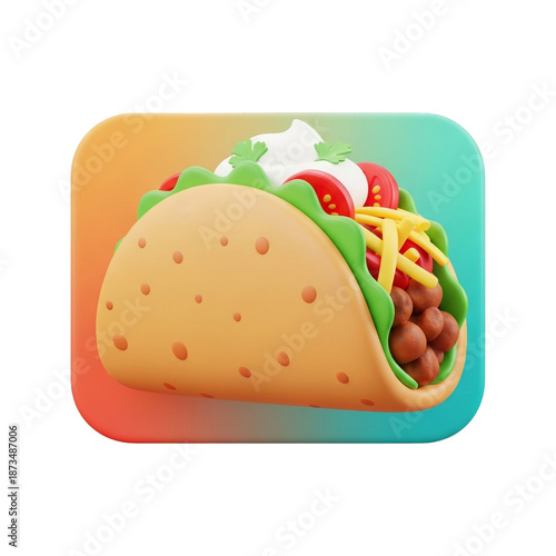Stylized taco delight: 3d render of a delicious mexican treat with colorful gradient background, perfect for icons and illustrations