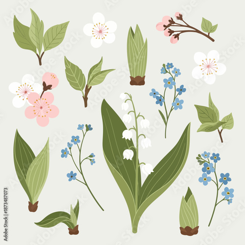 Spring floral elements: blooming cherry blossoms, lily of the valley, forget-me-nots, leaves