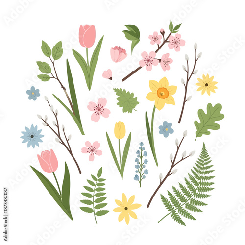Spring floral elements: tulips, daffodils, cherry blossoms, leaves, fern, pussy willow branches