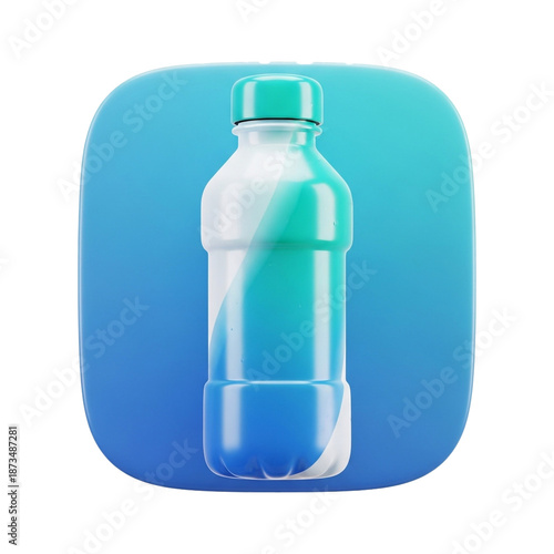 Stylized water bottle illustration: modern turquoise and white plastic water bottle with a minimalist, rounded blue square background.