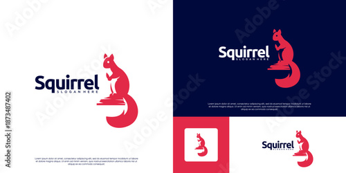 Red squirrel sitting logo, wild animal symbol, environmental balance, cute style, vector design template.