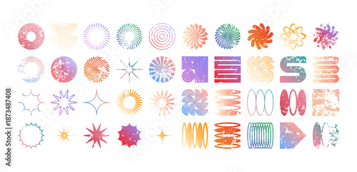 Colorful geometric shapes, modern grunge symbols. Simple primitive elements and forms, distressed details. Retro design, aged, vintage, trendy contemporary minimalist style, y2k. Vector illustration