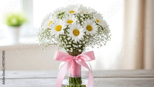 Wallpaper Mural Bouquet of white daisies with pink ribbon. Torontodigital.ca