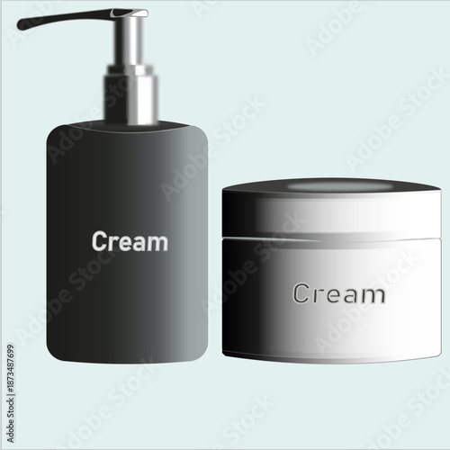 Vector illustration of cosmetic packaging set including a black pump dispenser bottle and a white cream jar. Minimalist design ideal for beauty product mockups and skincare branding.