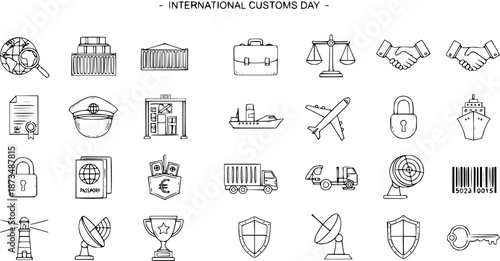 International Customs Day Hand-Drawn Line Art Icons Set - Global Trade, Logistics, Travel  Border Security Doodle Symbols Collection in Black and White Sketch Style