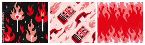 Set of flame seamless patterns. Repeating ornaments with fire, matches and burning flames. Design elements for textiles and printing. Flat vector illustration collection isolated on background
