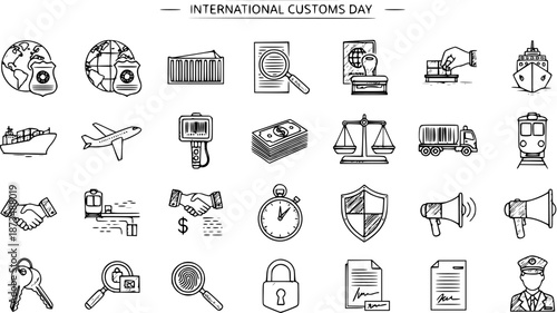 International Customs Day Icons: Shipping, Travel, Security, Finance, Law, and Transportation Line Art