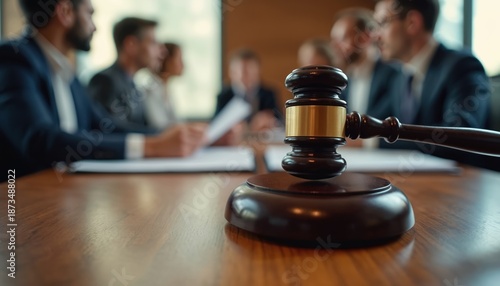 Gavel rests on a wooden table in a courtroom. Team of lawyers discuss documents. Law and justice concept. Legal professionals work on legal case. Advocates debate law. Court session is in progress. © Vadym