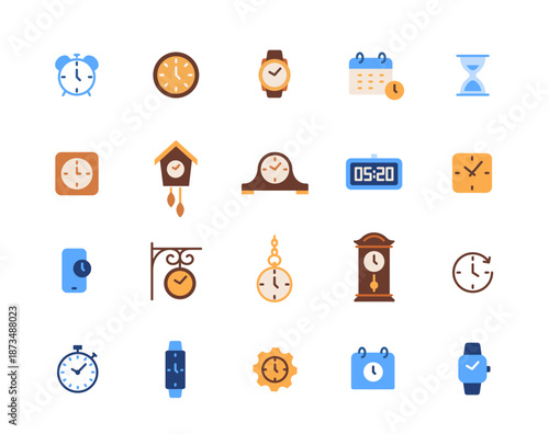 Time icons set. Simple signs with timer, clock, alarm, stopwatch, hourglass, wristwatch and digital clock. Design elements for website. Flat vector illustration collection isolated on background