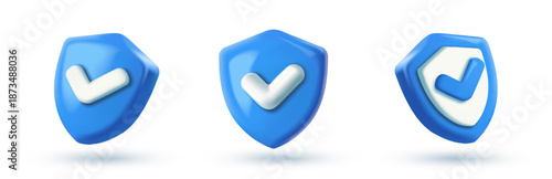 3D shield icon with check mark. Sign or symbol representing protection, security, approval, and safety. Realistic plasticine style vector illustration collection isolated on background