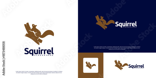 Squirrel climbing a tree trunk logo, rodent, seed eater, graphic design template.