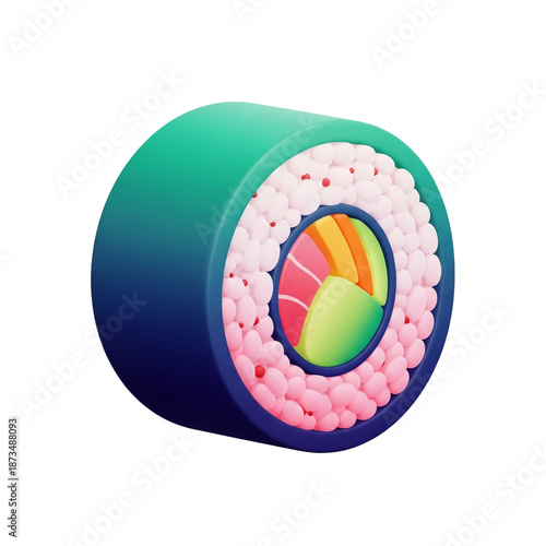 Viintimate apparelnt sushi roll with smooth gradient nori seaplant, textured rice, and colorful fillings, a delightful culinary creation