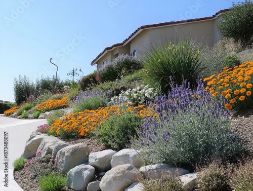 Hillside garden with colorful flowers, and home.