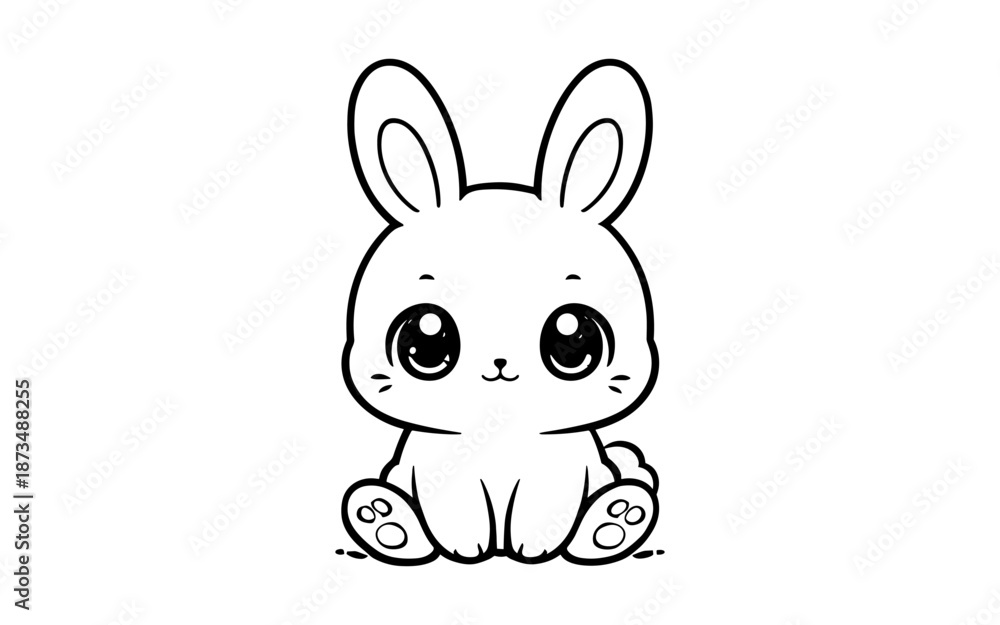 Fototapeta premium Cute cartoon bunny with big eyes in adorable sitting pose on white background