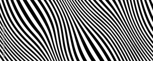 Black and white abstract background. Waves shape decoration. Optical illusion stripes style. Modern graphic design element with distorted lines concept for web, poster, flyer, card cover, or brochure